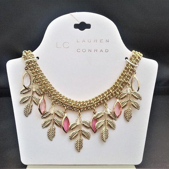 LC LAUREN CONRAD GOLD PLATED PINK , CLEAR LEAF STATEMENT NECKLACE NWT - Picture 3 of 3